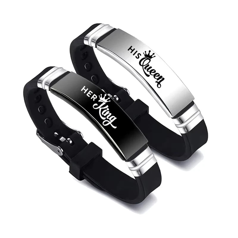 Minimalist Couple Bracelets Set - Stainless Steel Adjustable Silicone Strap Gift