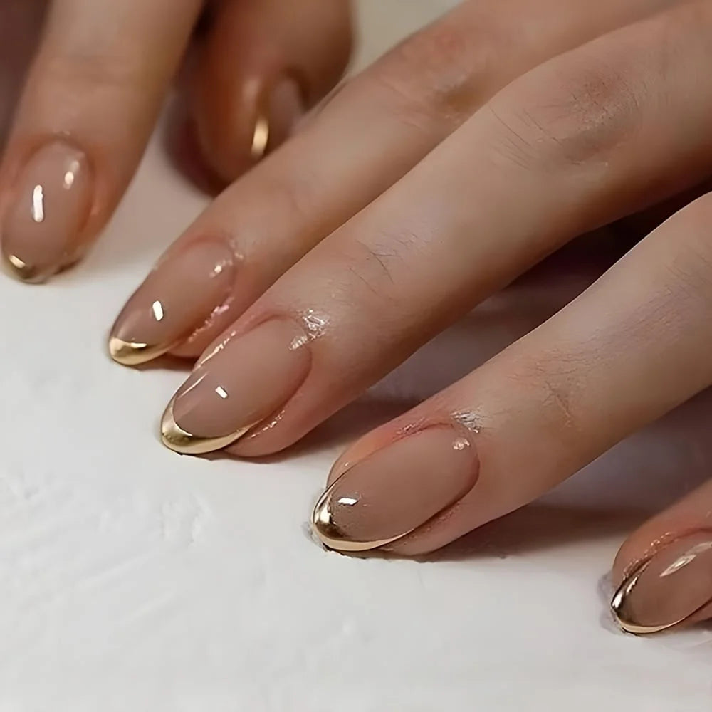 24PCS Short Almond-Pressed Nail Tips with Gold French Design - Pink & Elegant