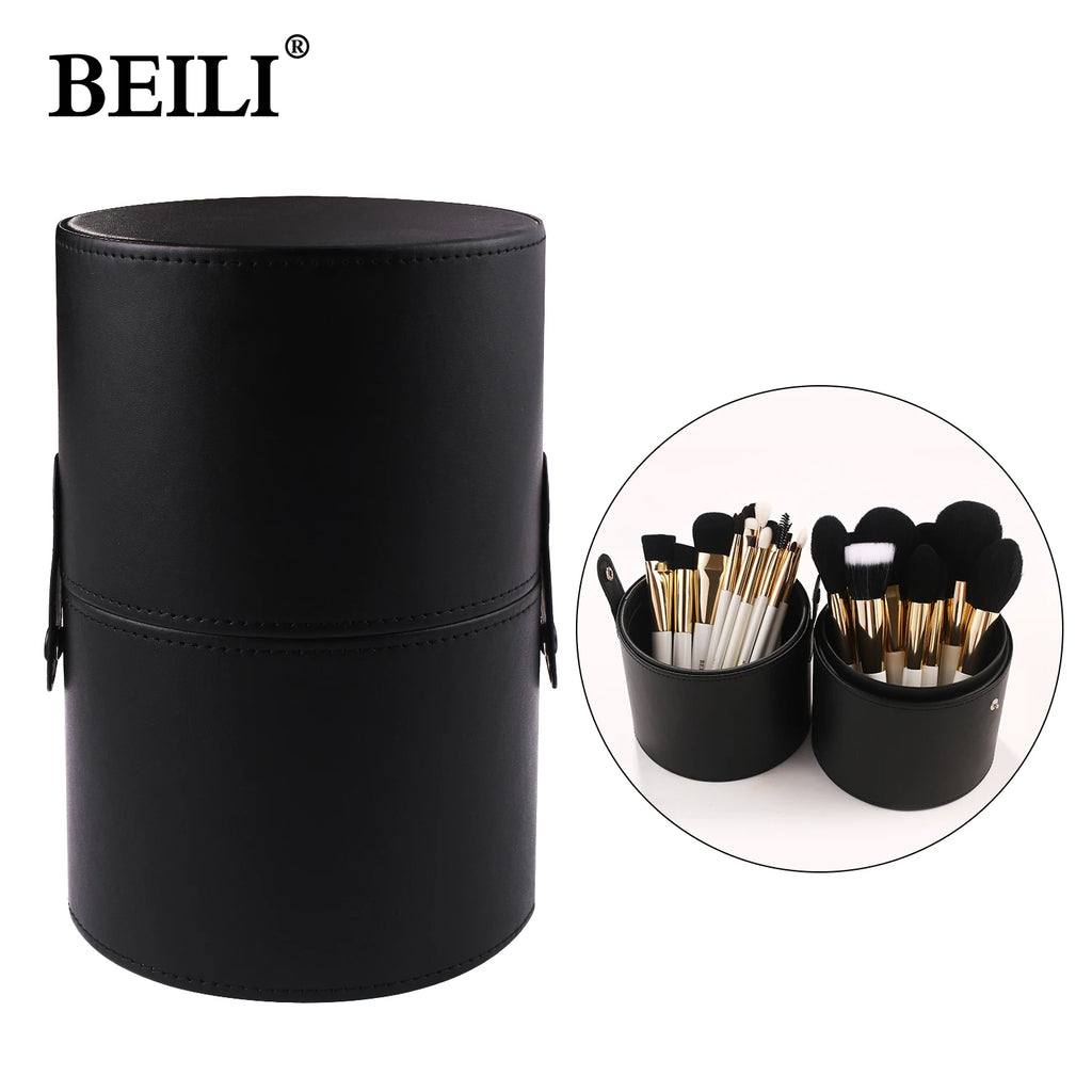Large Makeup Brush Organizer Case PU Leather Travel Storage Cylinder