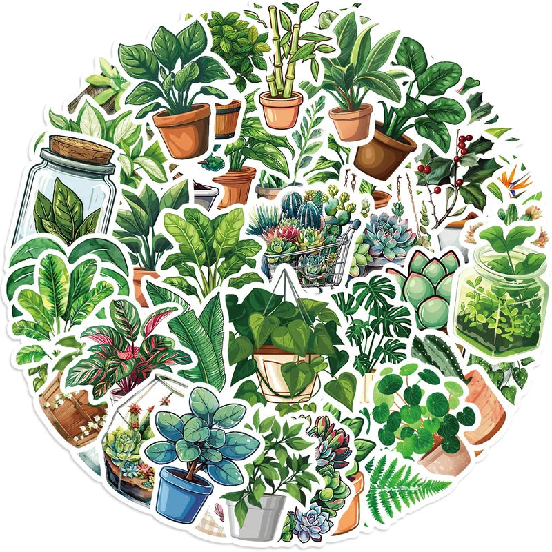 50PCS Cute Green Plant Sticker Set for Kids DIY Decoration, Notebook, Fridge, Phone, Suitcase