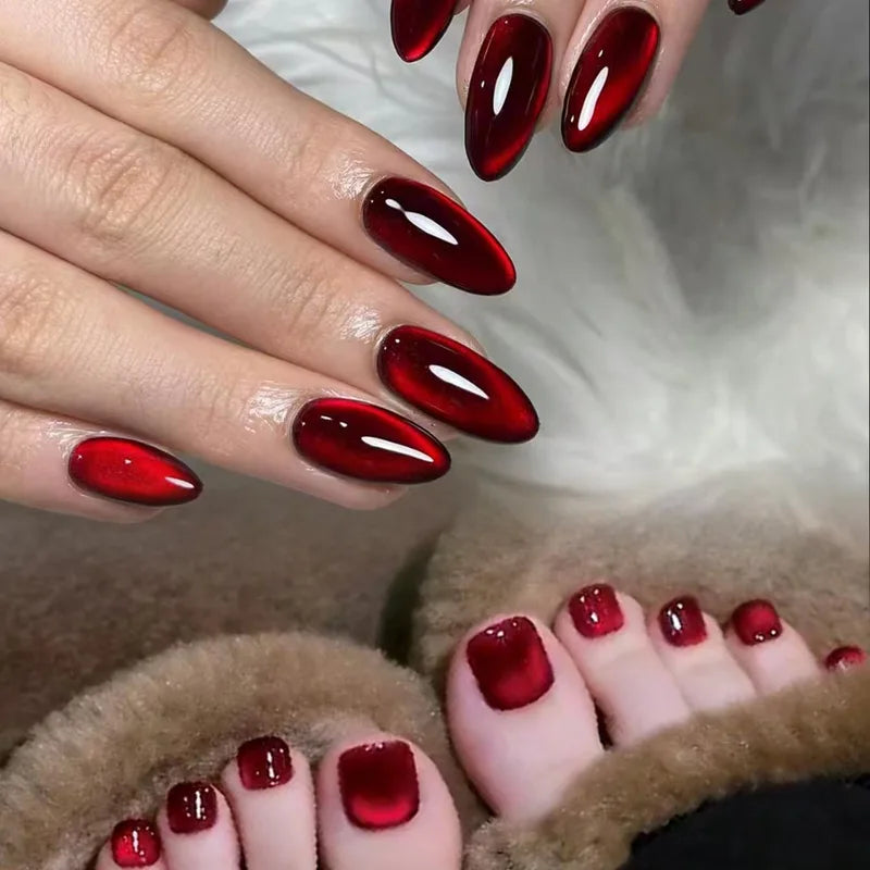 48Pcs Blood Red Crystal Cat Eye False Nails Set Short Square Toe Tips for Women