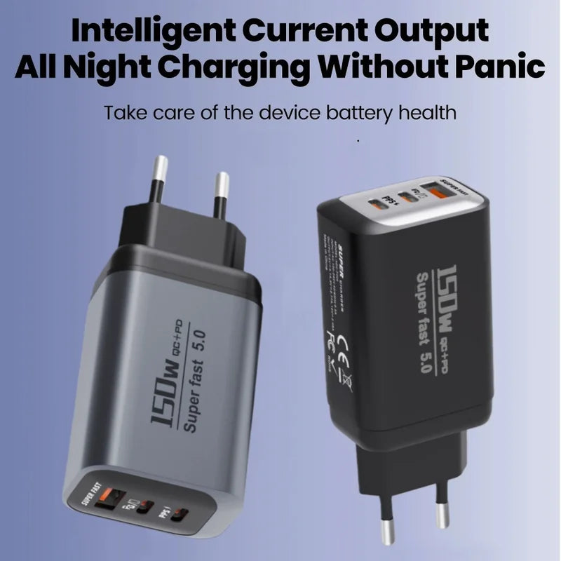 150W USB Type C Fast Charger with EU/UK/US/CH Plugs for Mobile Phones and Travel