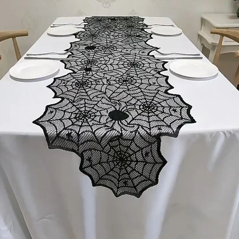 Halloween Spider Web Lace Tablecloth for Party Decorations - Black & Deep Sapphire Variants