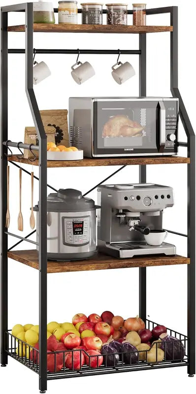 4-Tier Metal Floor Rack with Hooks Multi-Purpose Kitchen & Home Storage Shelf