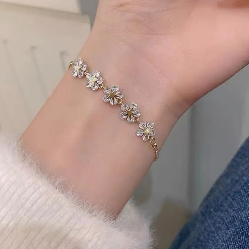 Gold Plated Crystal Flower Charm Bracelet for Women Wedding Gift Jewelry