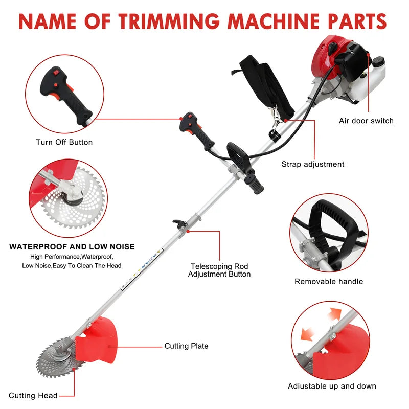 Gasoline Lawn Mower 52cc 2-Stroke 4-in-1 Trimmer with Adjustable Shaft and 4 Heads