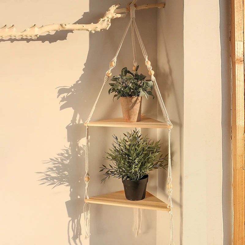 Boho Wall Shelf with Triangle Corner Floating Shelves Natural Wood & Macrame Cord