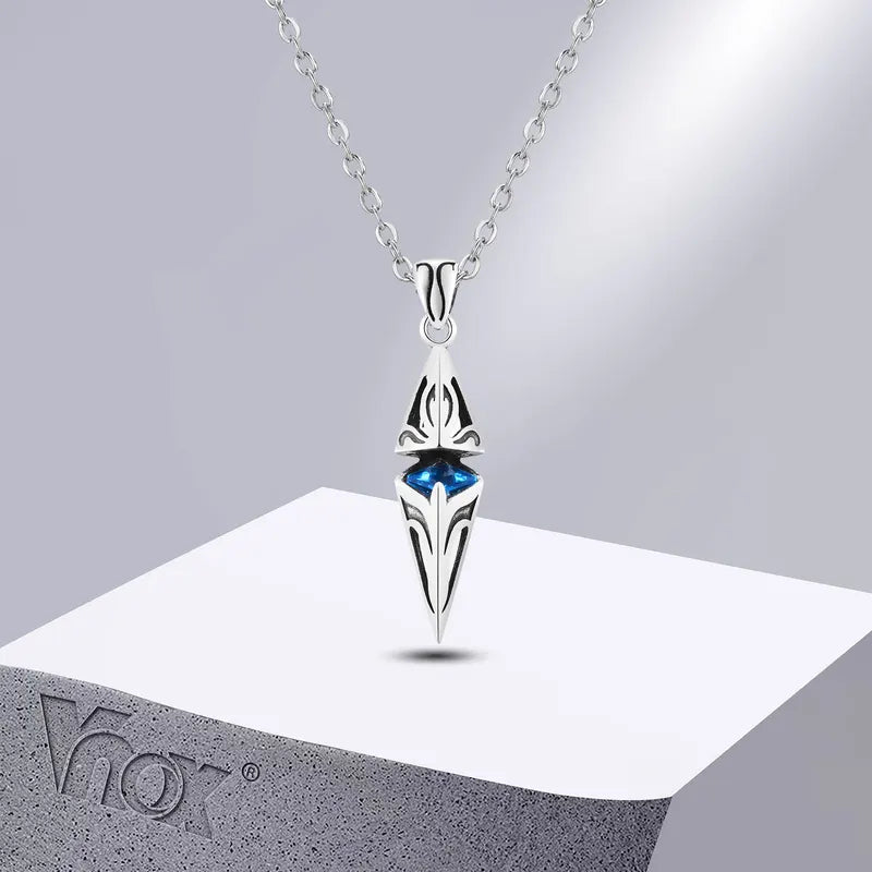 Men's Blue Stone Necklace with Geometric Pendant - Stainless Steel Collar Jewelry