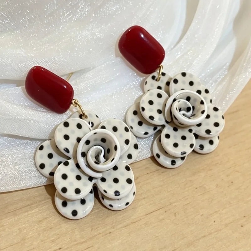 Vintage Elegant Polka Dot Flower Pendant Earrings for Women - Jewelry Gift