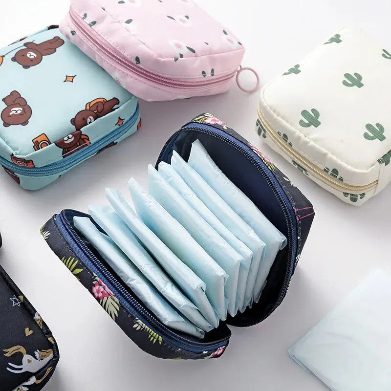 Women Waterproof Sanitary Napkin & Tampon Storage Bag - Portable Organizer with Cartoon Pattern