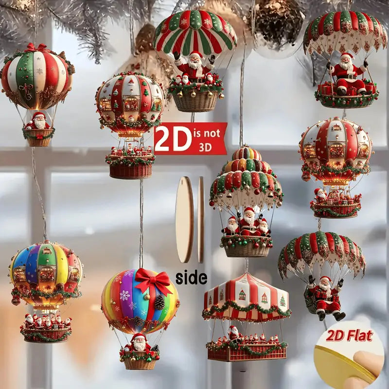 Set of 10 Santa Claus Parachute Wooden Hanging Ornaments Holiday Decorations