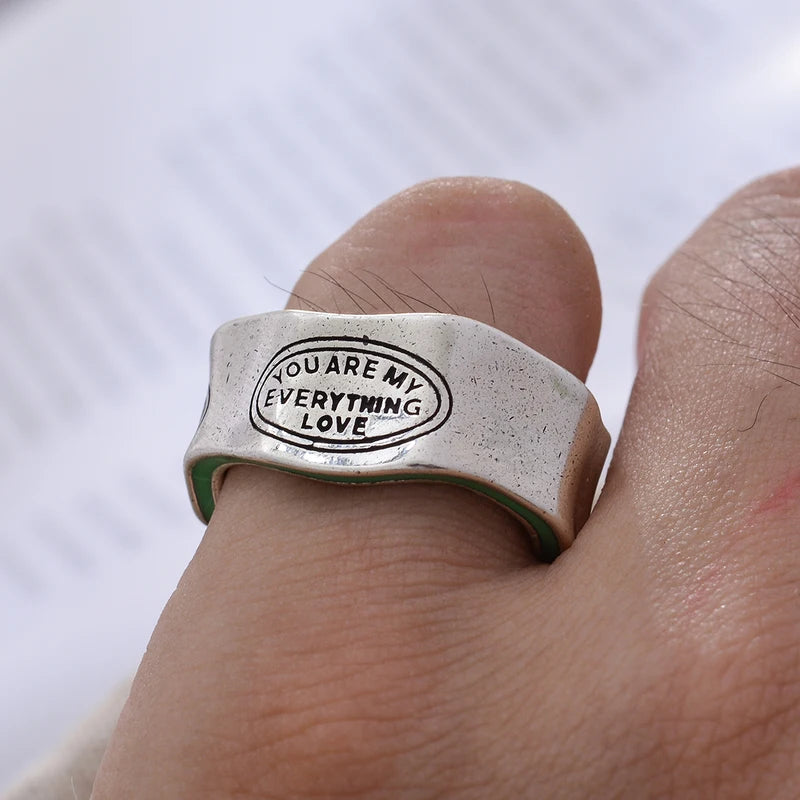 Elegant Green Stripe Letter Carving Silver Ring for Women - Retro Thai Jewelry Gift