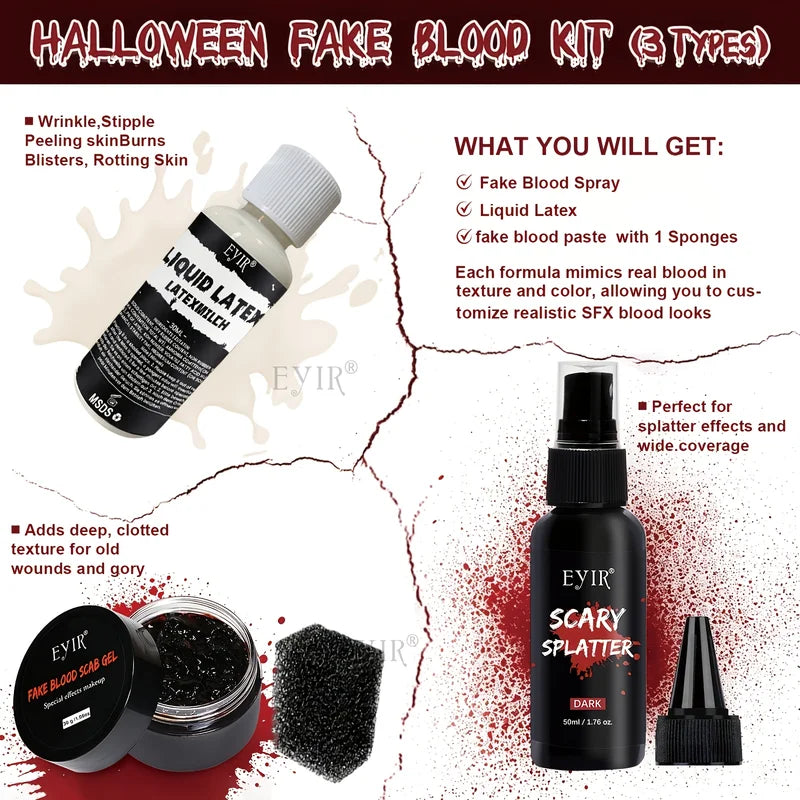 Halloween SFX Makeup Kit Set Including Fake Blood Latex & Sponges - 5 Pieces