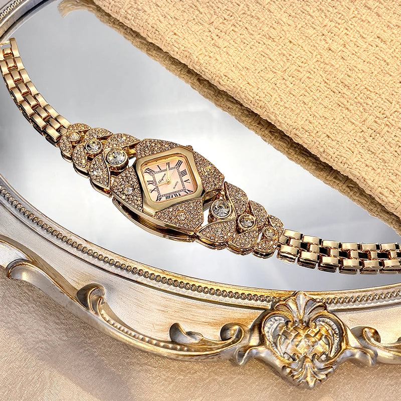 Vintage Diamond-Embellished Women's Watch with Diamond-Shaped Face & Gold Bracelet