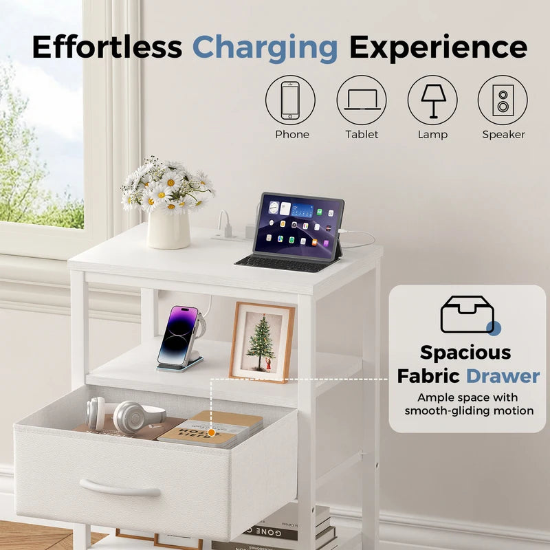 Nightstand with Fabric Drawers and LED Light Strip - Bedside Storage with Charging Station