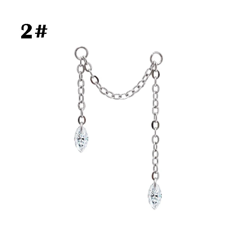 Stainless Steel Chain Ear Stud with Zircon Stars & Hearts - Cartilage Piercing Jewelry