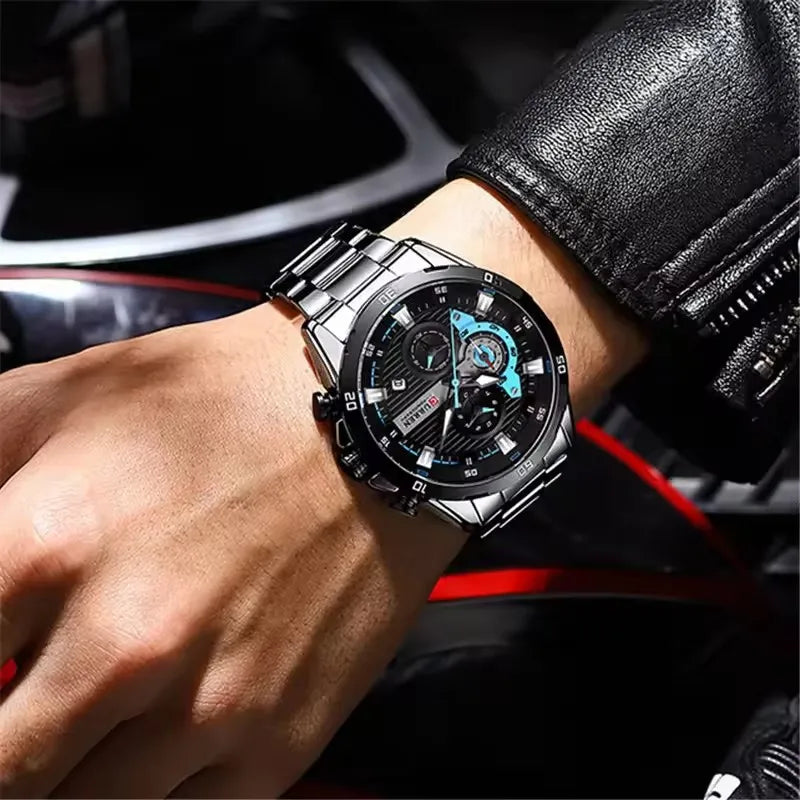 Men's Stainless Steel Watch with Luminous Dial and Chronograph - Unisex Fashion Timepiece