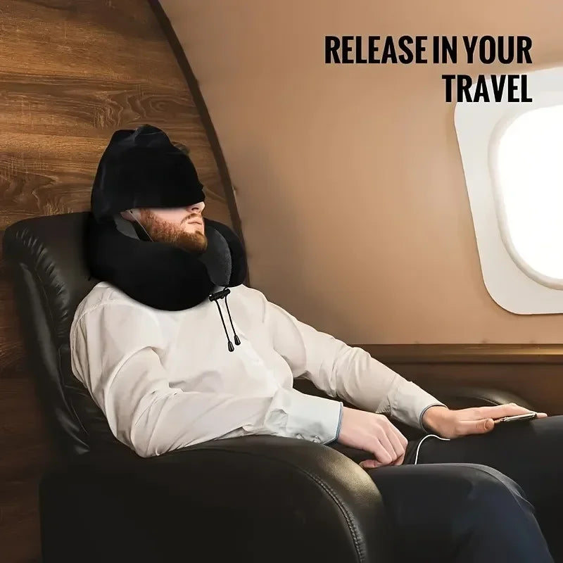 Travel Neck Pillow with Memory Foam & Hooded Design - Portable U-Shaped Support Cushion