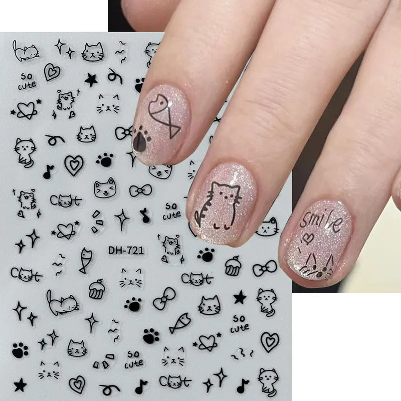 4-Pack Cute Cartoon Nail Art Stickers for DIY Manicure, Kawaii Flower and Animal Designs