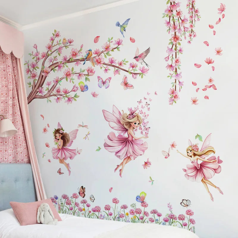 Children's Room Wall Stickers - Tree Branches Birds Butterflies Elf Girls Decor