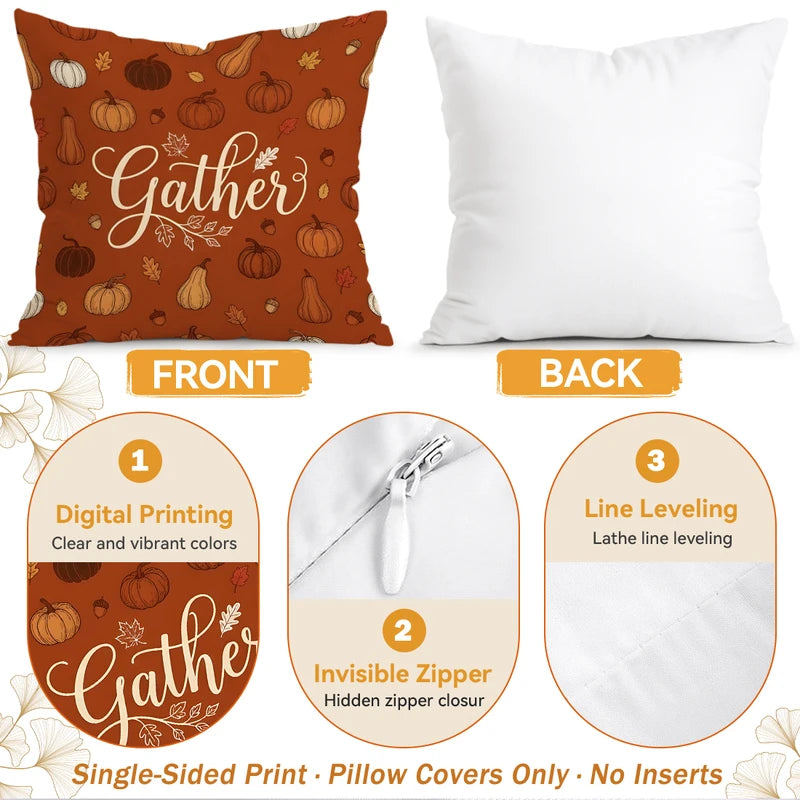 Warm Orange Plaid Harvest Pumpkin Cushion Cover - 45x45cm Polyester Decor Pillowcase