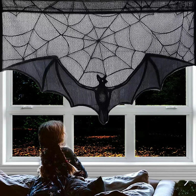 Halloween Lace Curtain Black Bat Spider Tablecloth Fireplace Mantel Cover Home Decor