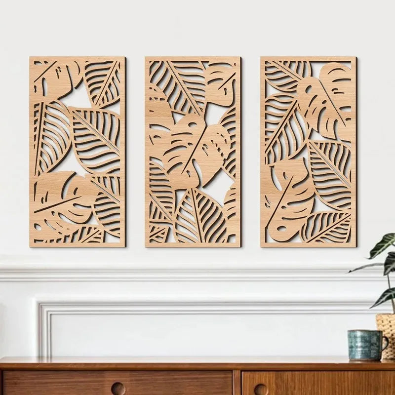 Boho Wooden Wall Art Set - Carved Abstract Plant Decor for Living Room & Bedroom
