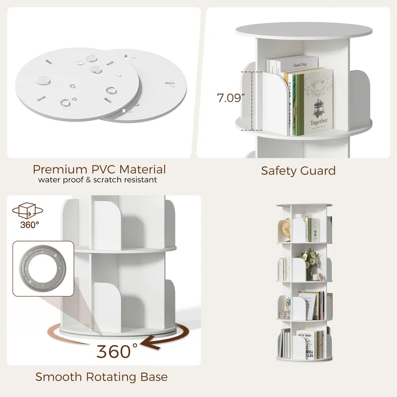 Rotating Bookshelf with 360° Spin, Multi-Tier PVC Book Display & Storage Rack