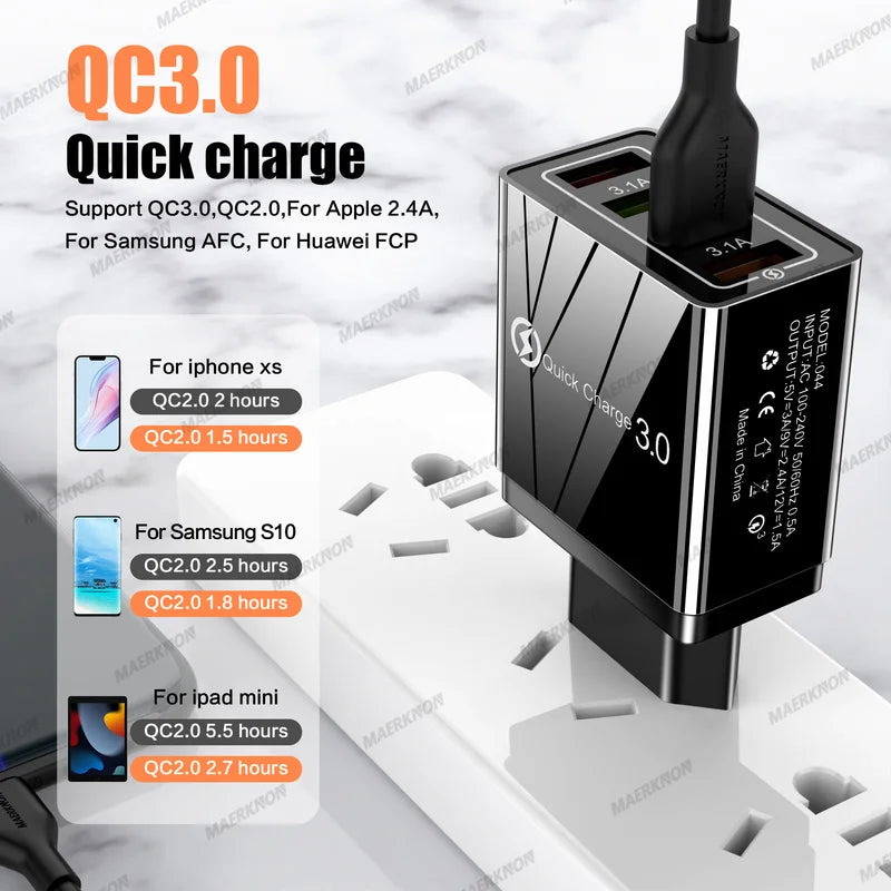 4-Port USB Charger Fast Charging Adapter with Quick Charge 3.0 EU US Plug