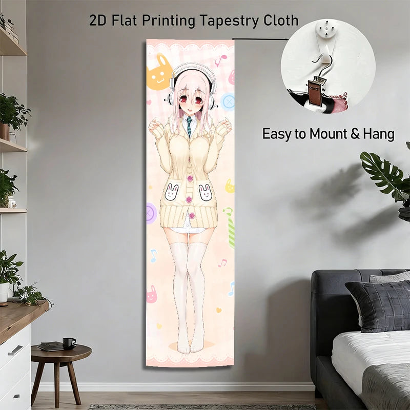 Anime Sonico Wall Tapestry - Cute Pink Bunny & Music Print, 150x40cm Decor
