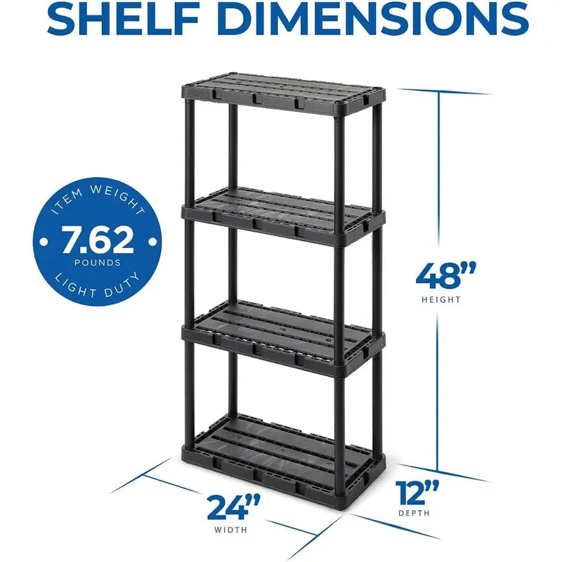 Heavy Duty Plastic Storage Shelves - Garage, Basement & Home Organizer, 4-Tier, 24"D x 12"W x 48"H