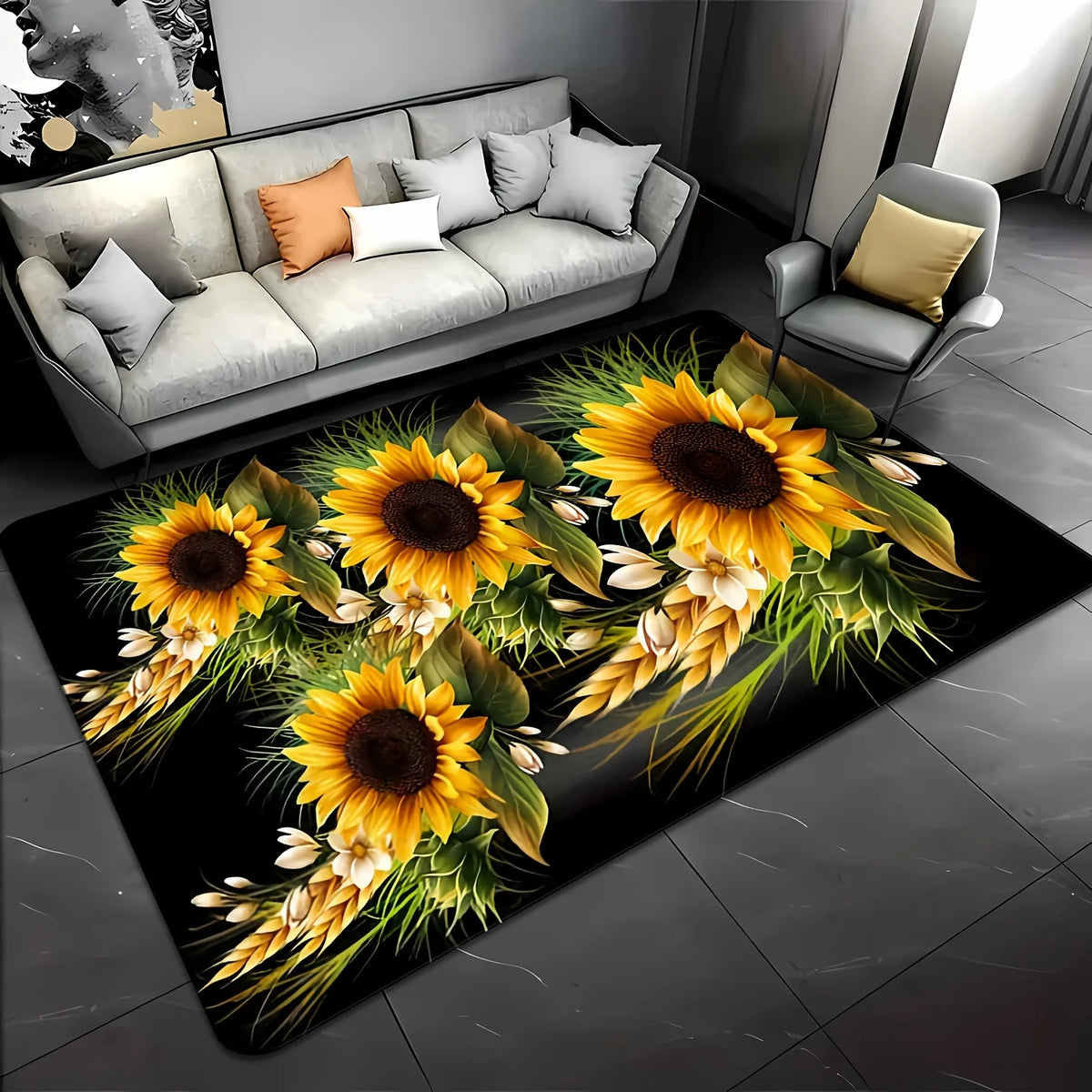 Sunflower Pattern Area Rug - Machine Washable Indoor Home Decor - Multiple Sizes