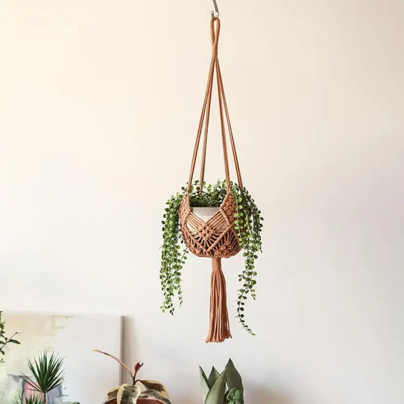 Boho Cotton Rope Plant Hanger with Net Pouch for Indoor Outdoor Gardens
