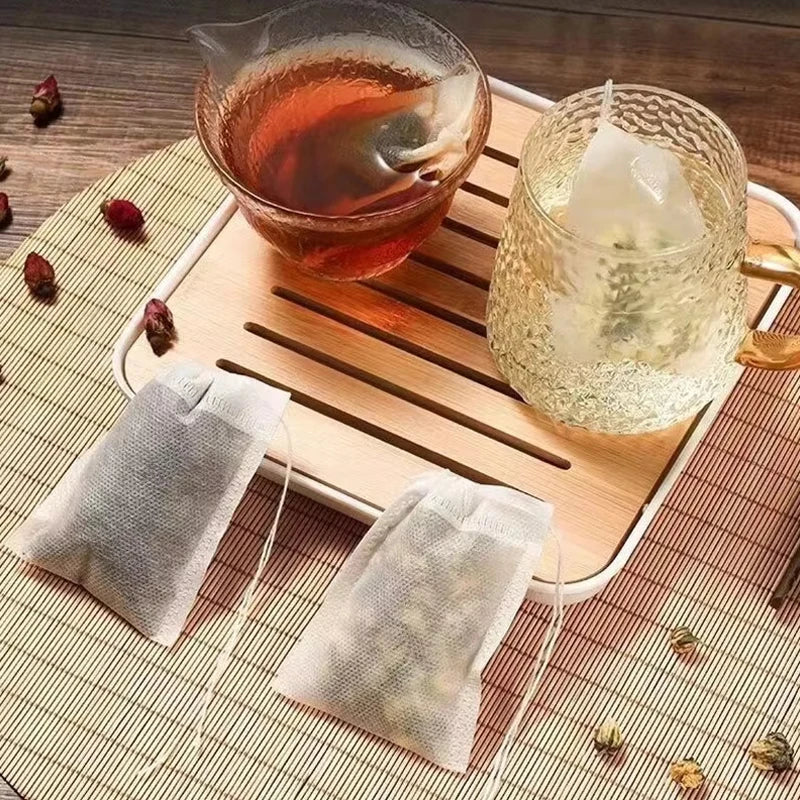 Disposable Tea Filter Bags with Drawstring - 100 Pcs, Food-Grade Material