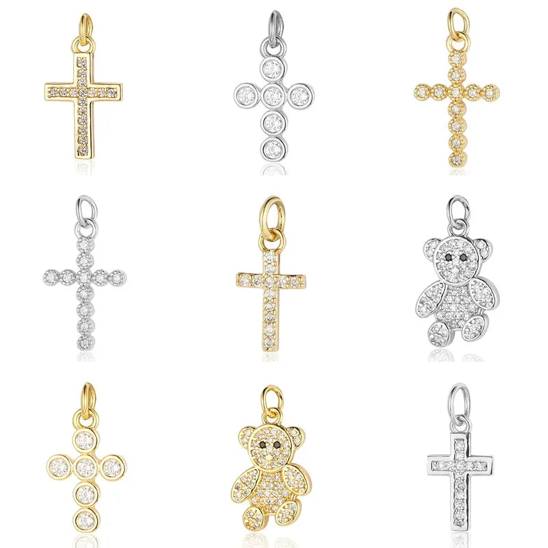 5-Piece Religious Evil Eye Jewelry Pendant Set - Copper Zircon Cross & Bear Charms for DIY Necklace & Earring Making
