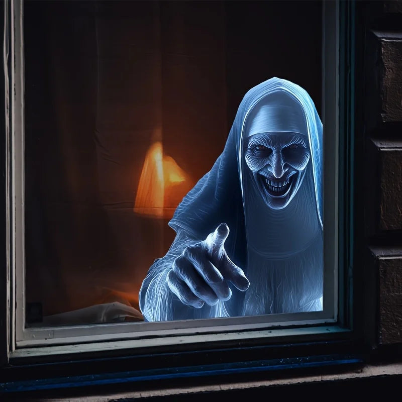 Halloween Zombie Nun Window Stickers - Evil Smile Vinyl Decals for Indoor Party Decor