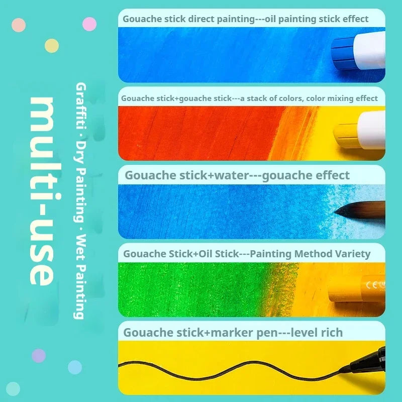 Artist Grade Soft Solid Gouache Paint Sticks - 6 12 18 24 Colors, Non-Toxic