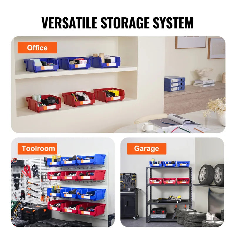 Stackable Wall-Mounted Garage Storage Bins - Set of 6, Clear and Colorful Plastic Organizers