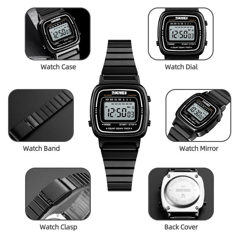 Women Digital Sport Watch Waterproof Stainless Steel Band Casual Luxury Wristwatch