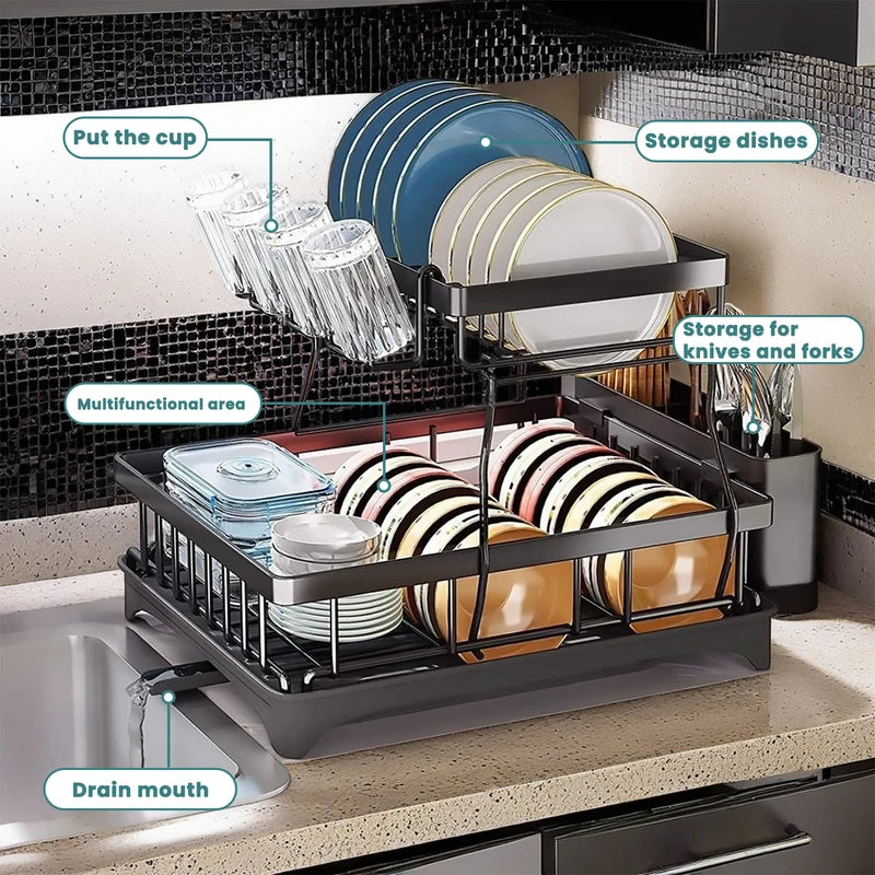 Large 2-Tier Dish Drying Rack for Kitchen Countertops - Removable, High Capacity