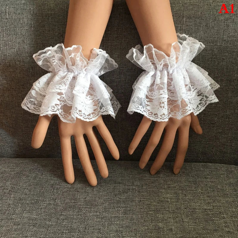 Elegant Lace Wrist Cuffs - Ruffled Floral Short Bridal Gloves for Women