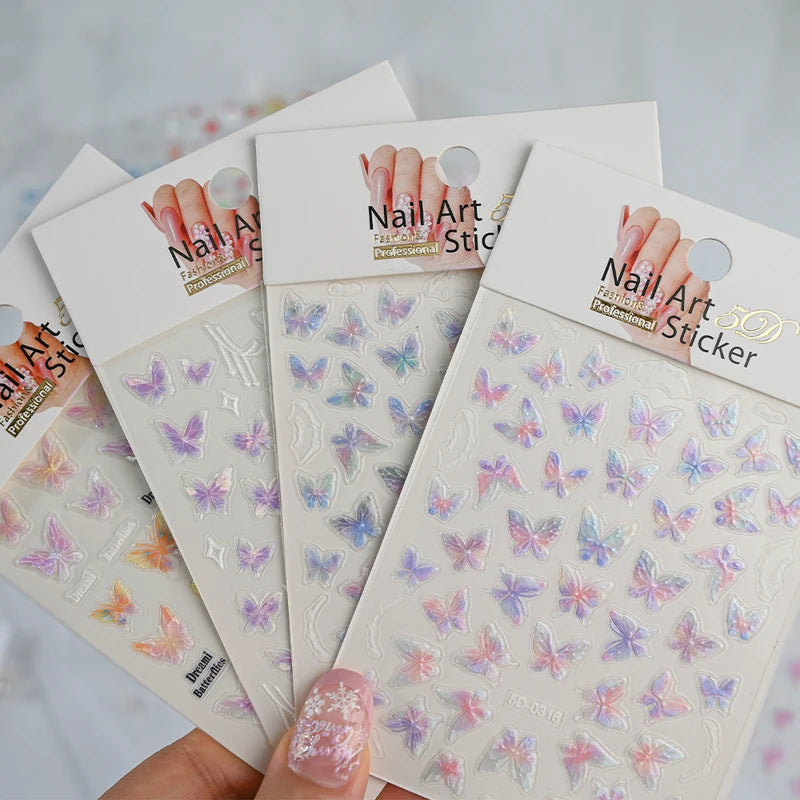 Pink Purple Aurora Shell Butterfly Nail Stickers - Shiny Laser 3D Decals for Nail Art