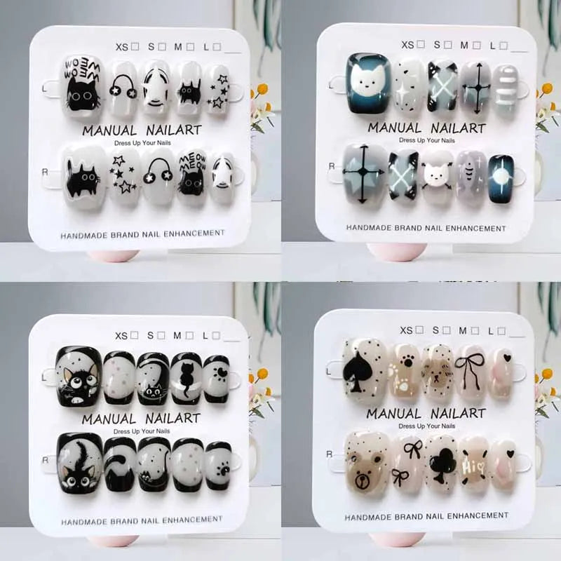 10-Pack Cute Cartoon Black Cat Geometric Nail Art Stickers for Fake Nails