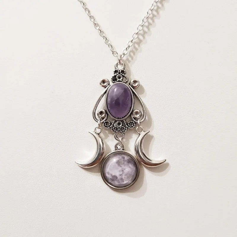 Green Quartz Crystal Necklace for Women Vampire Embossed Witch Jewelry - Multiple Metal Colors