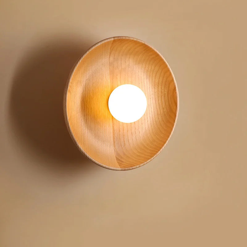 Nordic Wooden Wall Lamp with Round Shade - Modern Minimalist Wall Light for Bedroom & Living Room