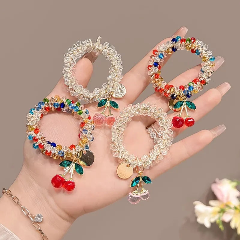 Colorful Crystal Cherry Hair Rope & Headband Set - Elastic Hair Accessories for Women