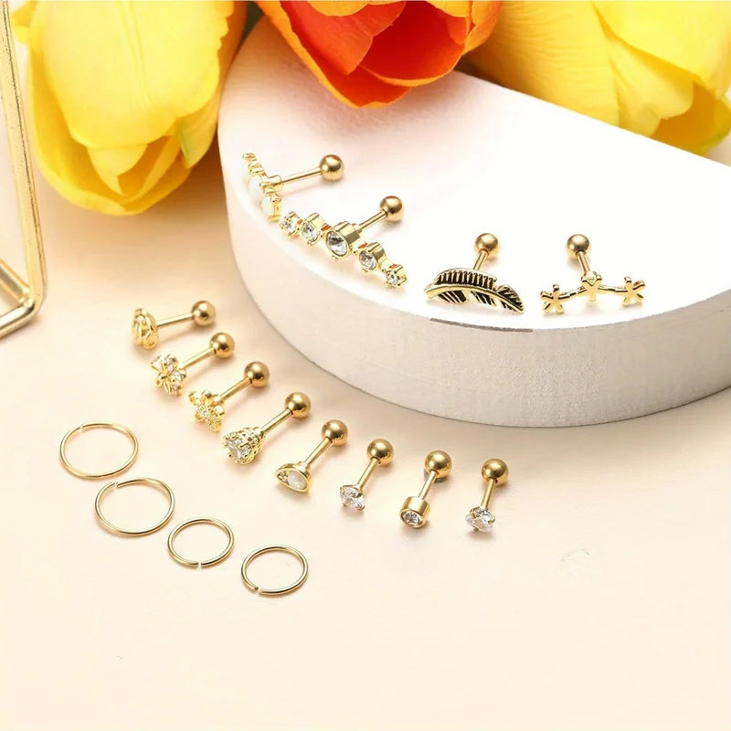 Stainless Steel Cartilage Earrings Set - Helix Hoop Studs with Opal & Shiny CZ