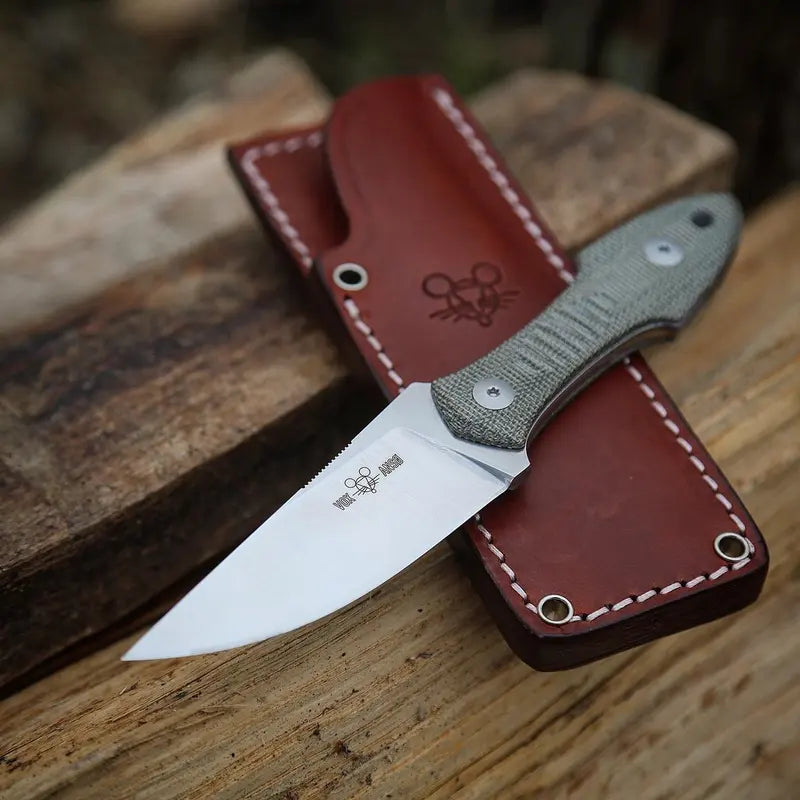 Fixed Blade Camping & Hunting Knife with Leather Sheath, Satin Drop Point Blade, 16.3cm