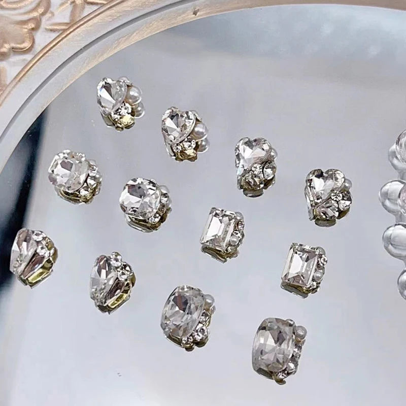 6 Grids Crystal Nail Art Rhinestones Set - Heart & Square Glass Gems for DIY Nails