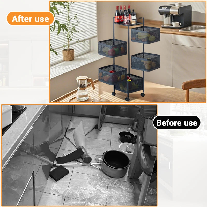 Rotating Kitchen Storage Rack - 5-Tier Multi-Layer Removable Basket Organizer on Rolling Wheels